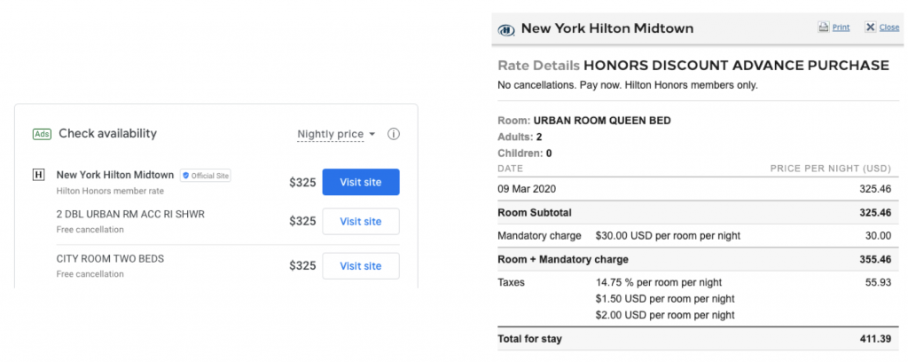 Compare prices, rates and taxes on Google Hotel Ads according to Mirai
